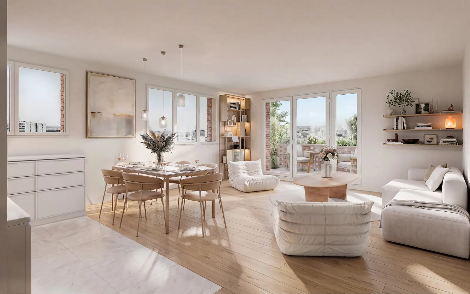 Séjour lumineux avec parquet et ouverture sur une terrasse